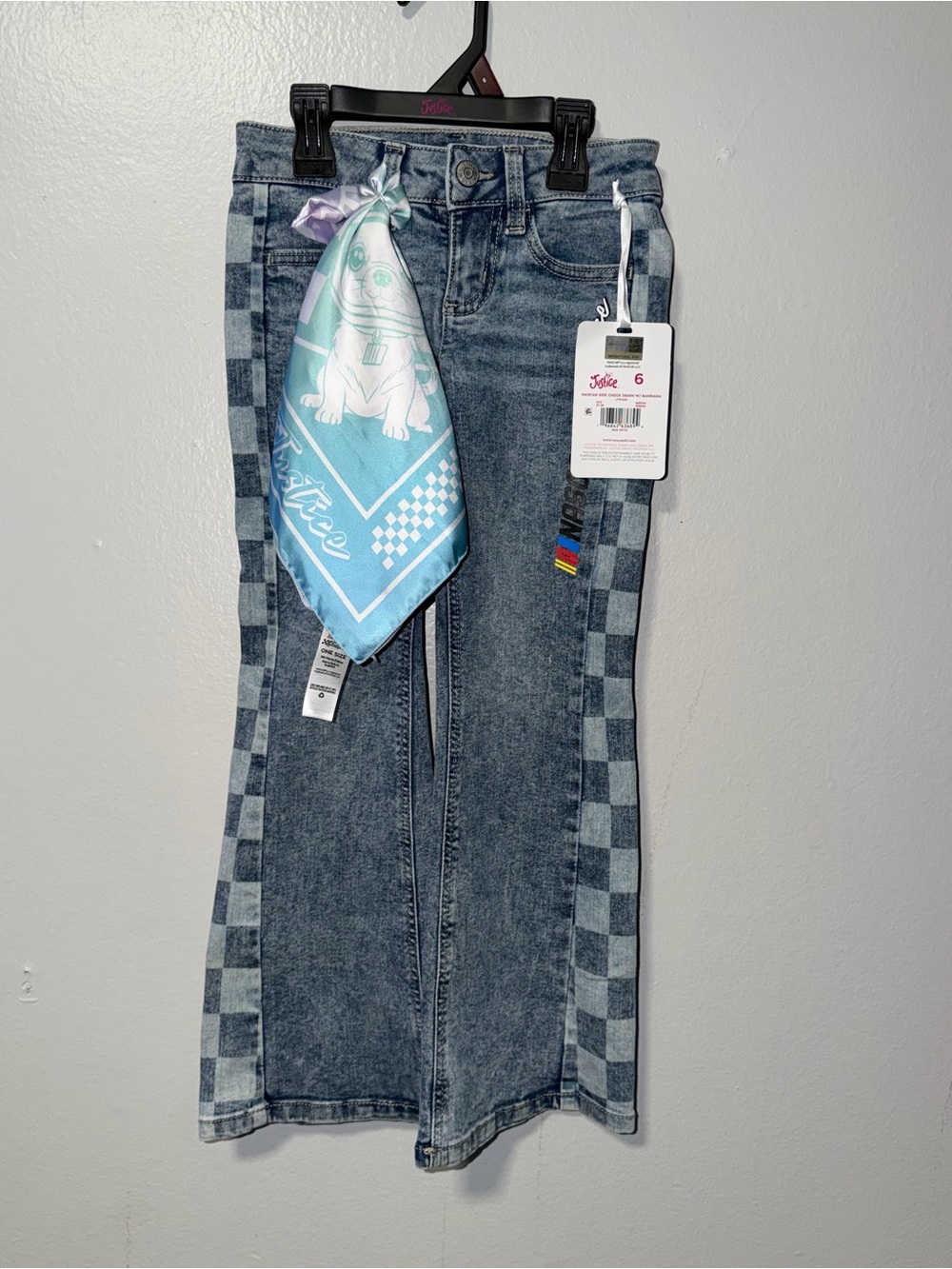 Justice Girls Blue Checkerboard Side-Strip Denim Jeans with Aqua Bandana